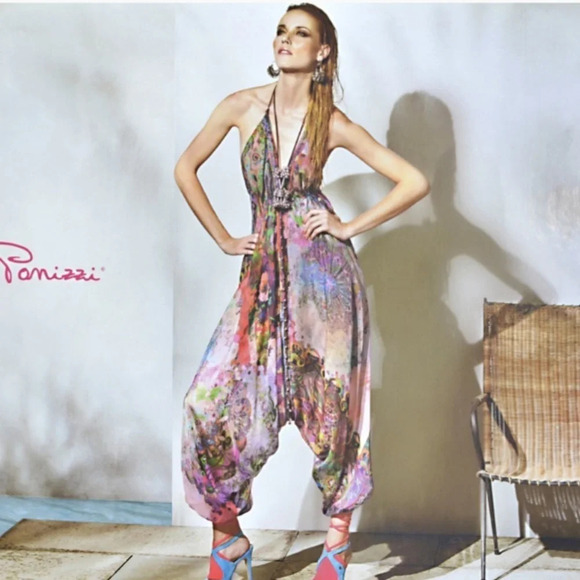 MARIAGRAZIA PANIZZI RARE Artsy Floral Strappy Faux Leather Harem Jumpsuit Romper - Picture 1 of 11